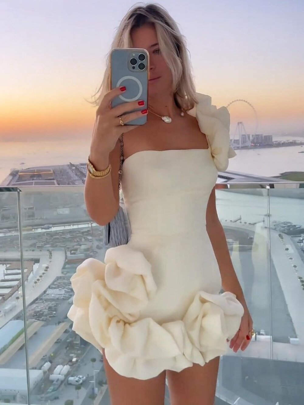 Cream One‑Shoulder 3D Voluminous Ruffle Bodycon Mini Dress